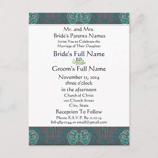 Vintage Aqua op grijze bruiloft uitnodiging (Voorkant)