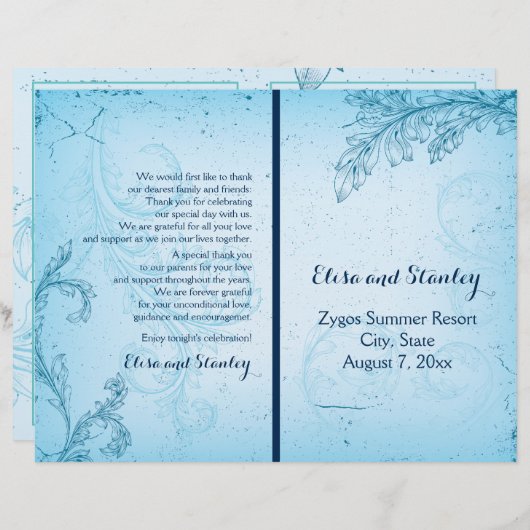 Vintage aqua scroll leaf vouwd trouwprogramma (Voorkant / Achterkant)