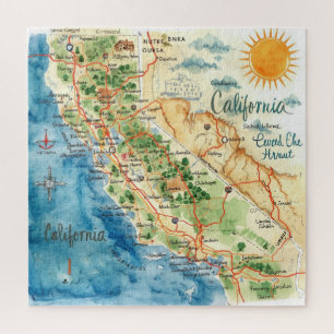 Vintage Aquarel Californië Reis Kaart Kunst Legpuzzel