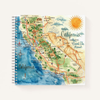 Vintage Aquarel Californië Reis Kaart Kunst Notitieboek