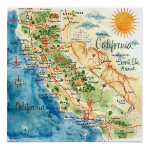Vintage Aquarel Californië Reis Kaart Kunst Perfect Poster