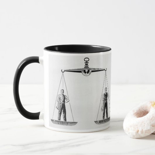 Vintage arbeid versus management, schalen van just mok (Met donut)