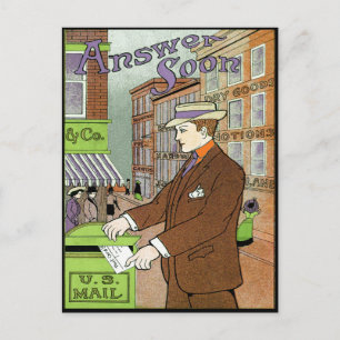 VINTAGE ART DECO "ANSWER SOON" KEEP IN TOUCH BRIEFKAART