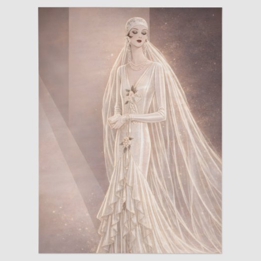 Vintage Art Deco Bruidsmode Illustratie Tissuepapier (Voorkant)