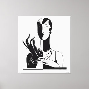 Vintage Art Deco Dame Met Parels Zwart Transp Canvas Afdruk