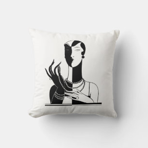 Vintage Art Deco Dame Met Parels Zwart Transp Kussen