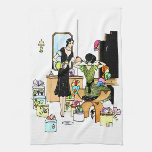 Vintage Art Deco illustratie van een hoedenwinkel  Theedoek