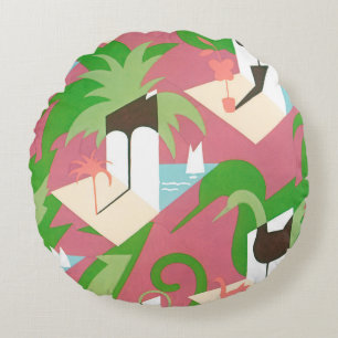 Vintage Art Deco Jazz Pochoir Palmbomen en Vogels Rond Kussen