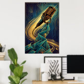 Vintage Art Deco Microphone Music Gold & Teal Poster (Thuiskantoor)