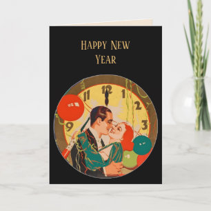 Vintage Art Deco Nieuwjaarsnacht Kus Klok Kaart
