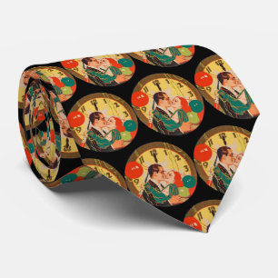 Vintage Art Deco Nieuwjaarsnacht Kus Klok Stropdas