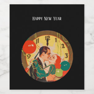 Vintage Art Deco Nieuwjaarsnacht Kus Klok Wijn Etiket