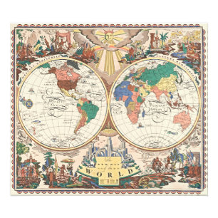 Vintage Art Deco Picturale Wereldkaart Fijne Kunst Foto Afdruk