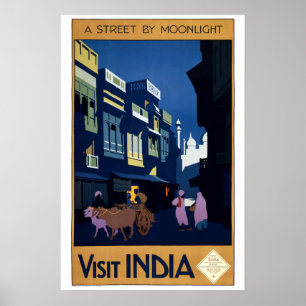 Vintage Art Deco Straat bij Maneschijn India Reize Poster