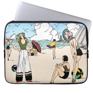 Vintage Art Deco strandillustratie jaren 20 kust Laptop Sleeve