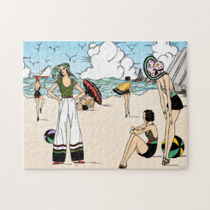 Vintage Art Deco strandillustratie jaren 20 kust Legpuzzel