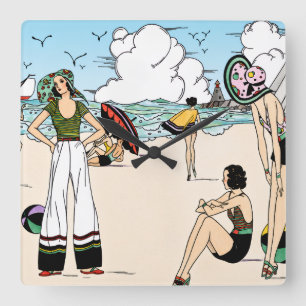 Vintage Art Deco strandillustratie jaren 20 kust Vierkante Klok