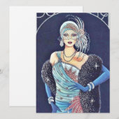 Vintage Art Deco Vrouw Blauw Kerst Vakantiekaart Feestdagenkaart (Voorkant / Achterkant)