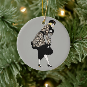 Vintage Art Deco vrouw in jas met luipaardprint Keramisch Ornament
