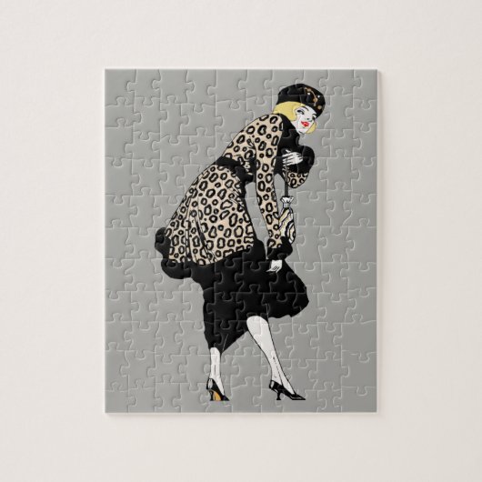 Vintage Art Deco vrouw in luipaardprint jas Legpuzzel (Verticaal)