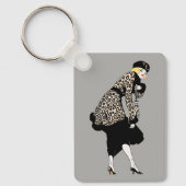 Vintage Art Deco Vrouw in Luipaardprint Jas Sleutelhanger (Voorkant)