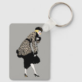 Vintage Art Deco Vrouw in Luipaardprint Jas Sleutelhanger (Achterkant)