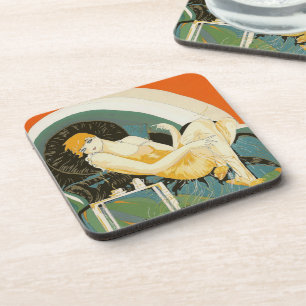 Vintage Art Deco vrouw liggend op bank, Chompre Bier Onderzetter