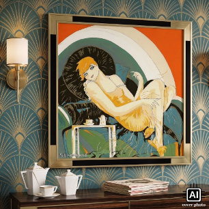 Vintage Art Deco vrouw liggend op bank, Chompre Poster
