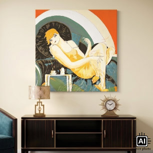 Vintage Art Deco vrouw, liggend op een bank, Chomp Canvas Afdruk
