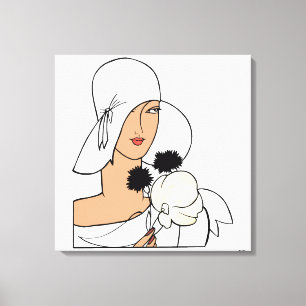 Vintage Art Deco vrouw met bloemen en hoed C Canvas Afdruk