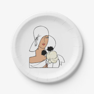 Vintage Art Deco vrouw met bloemen en hoed C Papieren Bordje