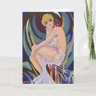 Vintage Art Deco vrouw met drapérieën door S. Chom Kaart