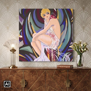 Vintage Art Deco vrouw met drapérieën van S. Chomp Canvas Afdruk