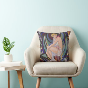 Vintage Art Deco vrouw met drapérieën van S. Chomp Kussen