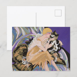 Vintage Art Deco vrouw met kat door S. Chompre Briefkaart