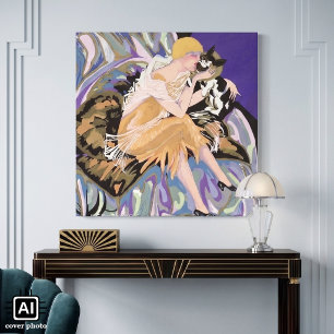 Vintage Art Deco vrouw met kat door S. Chompre Canvas Afdruk