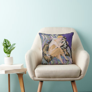 Vintage Art Deco vrouw met kat door S. Chompre Kussen