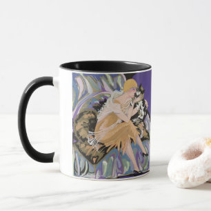 Vintage Art Deco vrouw met kat door S. Chompre Mok