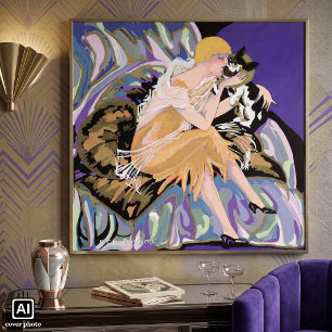 Vintage Art Deco vrouw met kat door S. Chompre Poster