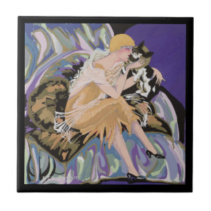 Vintage Art Deco vrouw met kat door S. Chompre Tegeltje