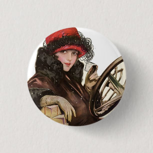 Vintage Art Deco vrouw rode hoed auto Ronde Button 3,2 Cm