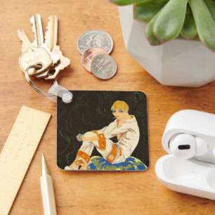 Vintage Art Deco Vrouw, rokend door S. Chompre Sleutelhanger
