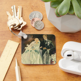 Vintage Art Deco Wedding Bride and Groom Newlyweds Sleutelhanger