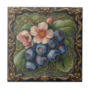 Vintage Art Nouveau Blauwe Bosbessen Bloemmotief Tegeltje