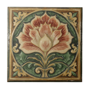 Vintage Art Nouveau Majolica Bloemensierkunstenaar Tegeltje