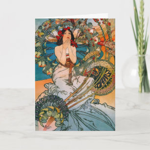 Vintage Art Nouveau Mucha Vrouw Bloemenposter Feestdagen Kaart
