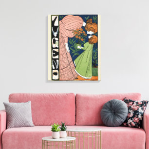 Vintage Art Nouveau Vrouw & Meisje Groene Jurk Canvas Afdruk