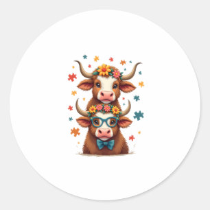 Vintage Autisme Hoogland Koe Trio Gluurt Schattige Ronde Sticker
