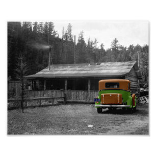 Vintage-auto en cabine zwart-wit kleur foto afdruk
