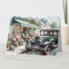 Vintage auto en charmante bloemenwinkel Waterverf Kaart